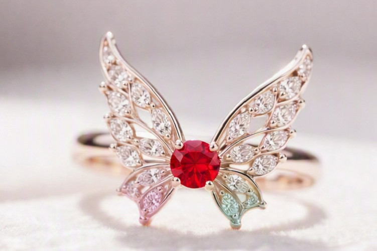 2ct Round Cut Simulated Red Ruby/CZ Butterfly Cocktail Ring 14k Rose Gold Plated