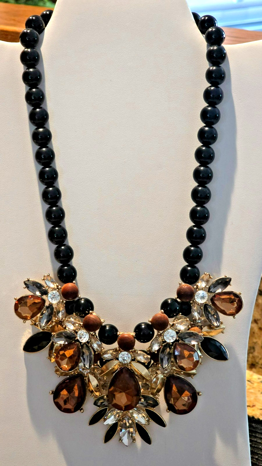 brown black white gold rhinestones statement necklace