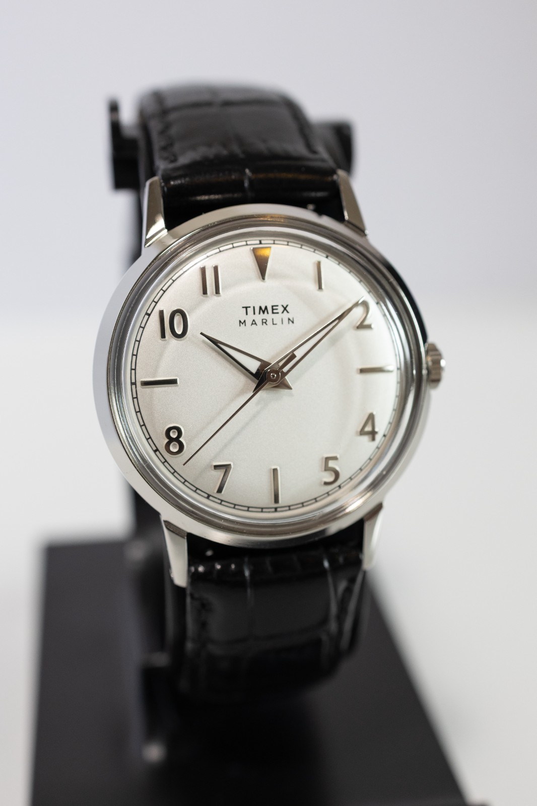 Timex Marlin Quartz 34mm Black Leather Strap Silver Dial Watch TW2Y37600VQ