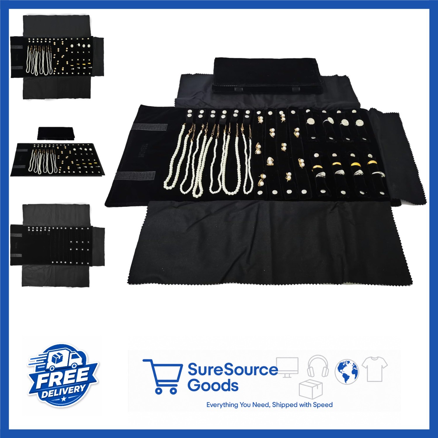 Portable Jewelry Organizer Roll Bag Black Velvet Adjustable Foldable Design