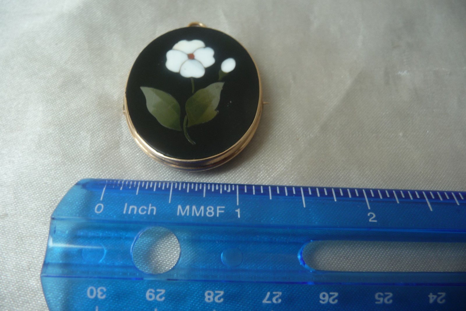 GORGEOUS ANTIQUE 10K PIETRA DURA MOSAIC GEMSTONE FLORAL MOURNING PIN PENDANT!