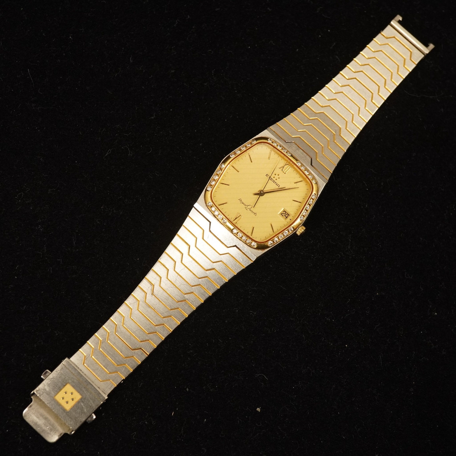 Vintage Eterna Royal Quartz Men’s Watch, Yellow Gold & Diamond Bezel, Keeps Time