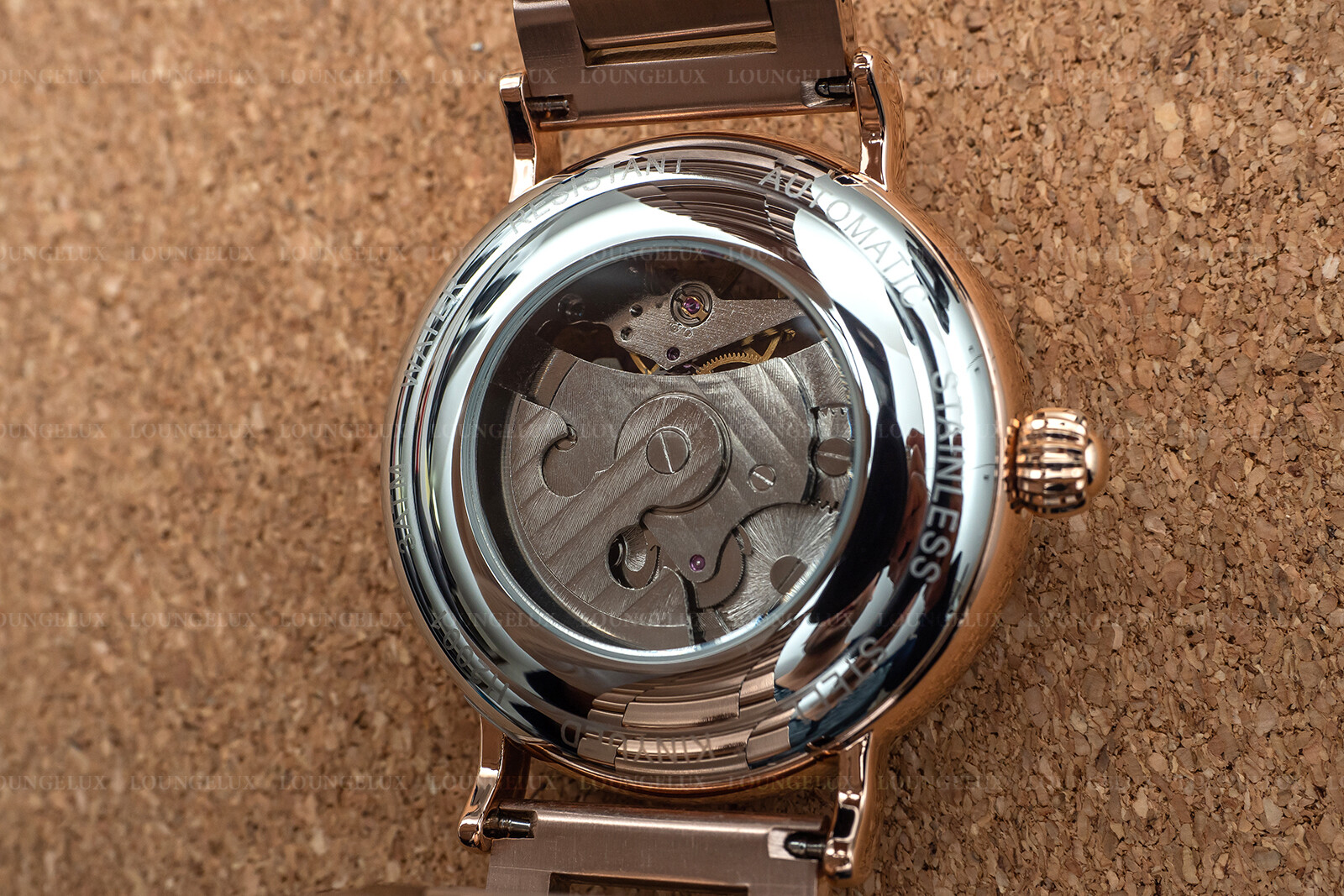 Mens Dual Time Flywheel Automatic Mechanical Watch Rose Gold Stainless Steel