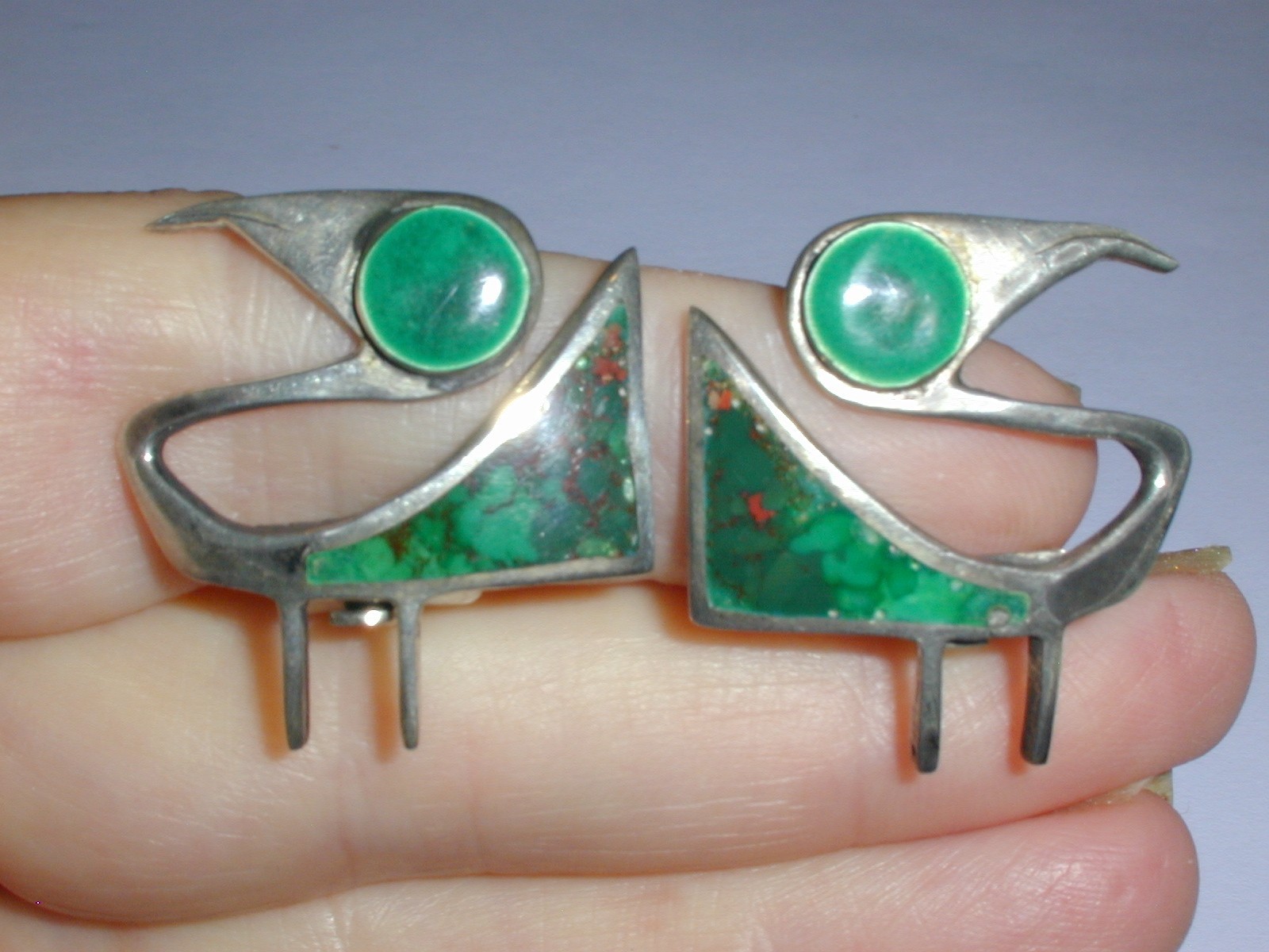 RARE-GRAZIELLA LAFFI PERU STERLING ABSTRACT BIRD GREEN ENAMEL CLIP-ON EARRINGS!