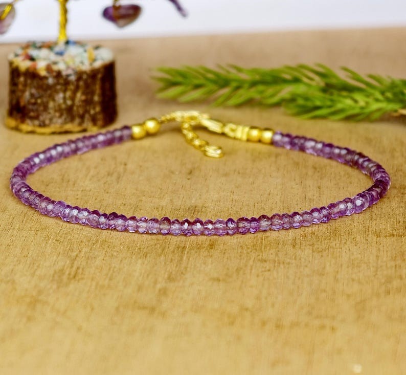 2-3MM Dainty Purple Amethyst Faceted Round Gemstone Beaded Unisex Bracelet 6-8”