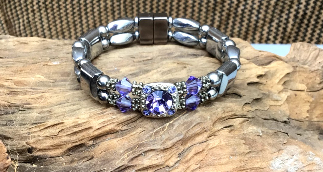 Men’s Women’s Magnetic Hematite Silver Amythyst Crystal Slider Double Bracelet