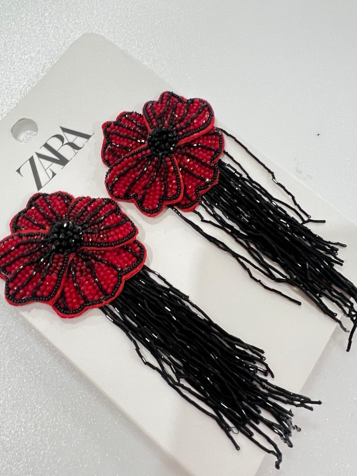 New Zara Woman Floral Beaded Earrings Dark Red Burgundy Black