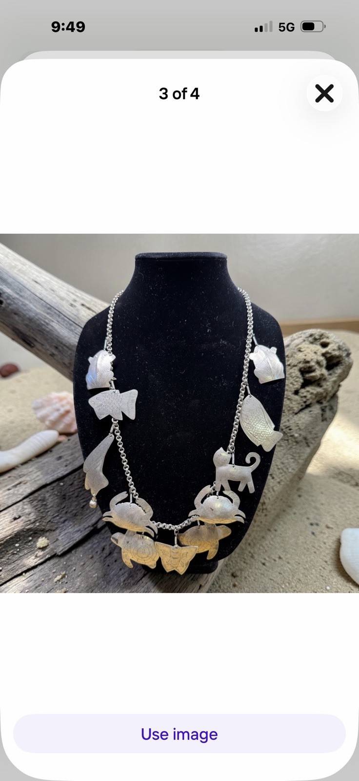Vtg Thai style silver Necklace Fish, Crab. Cat Motif tribal coastal fun BOHO