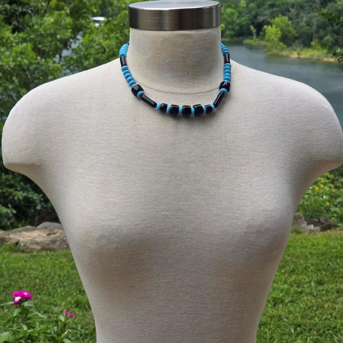 Vintage German Glass Bead Necklace Black & Blue Mid Century Old Stock 18.5 in