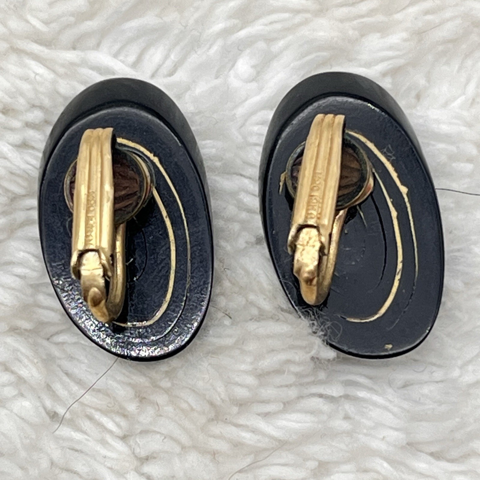 Vintage Black Coral Jewelry Set Modernist Swirl Pendant Earrings GF Backs
