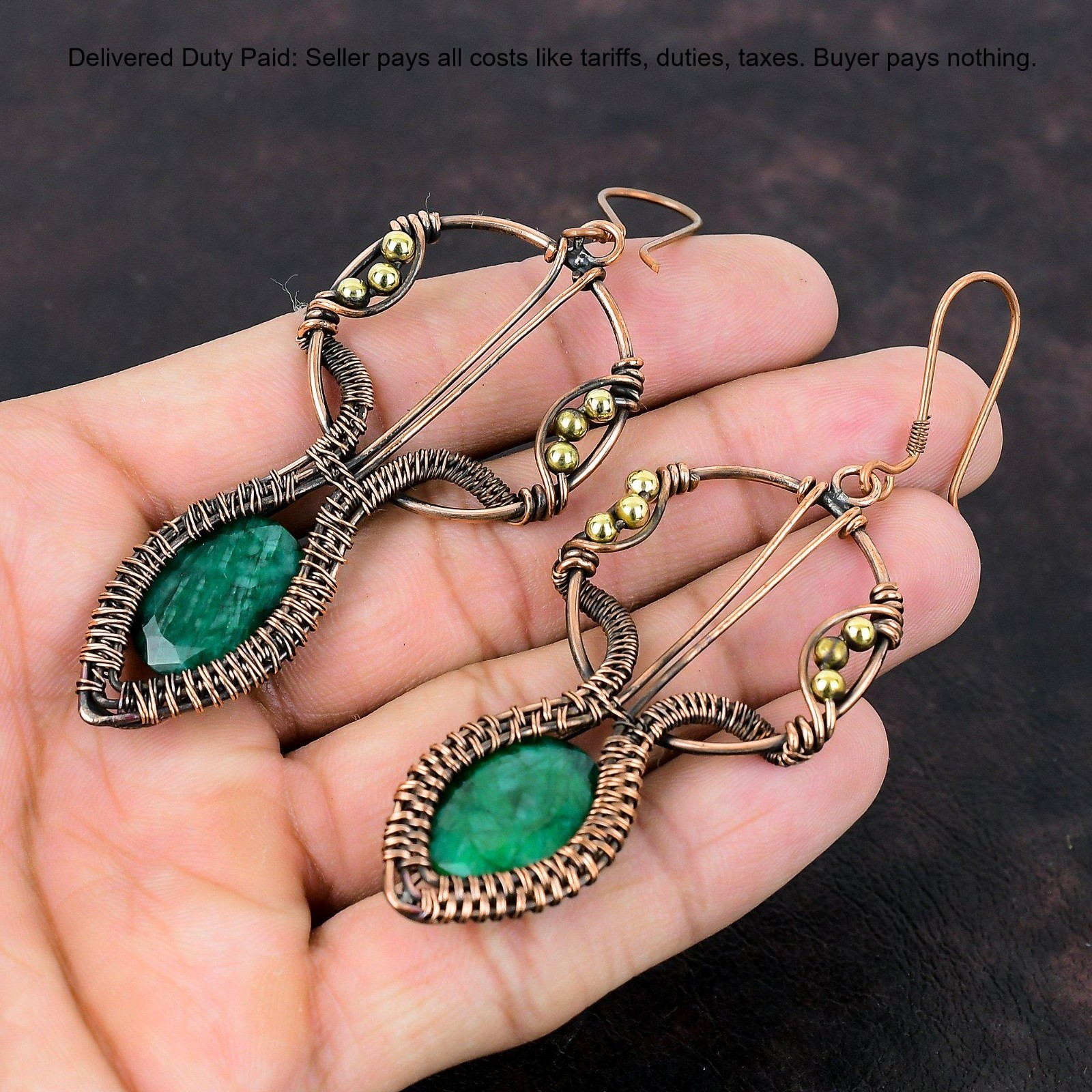 Copper Zambian Emrald Emrald Stone Wire Wrapped Mother Dangle Earrings Jewelry