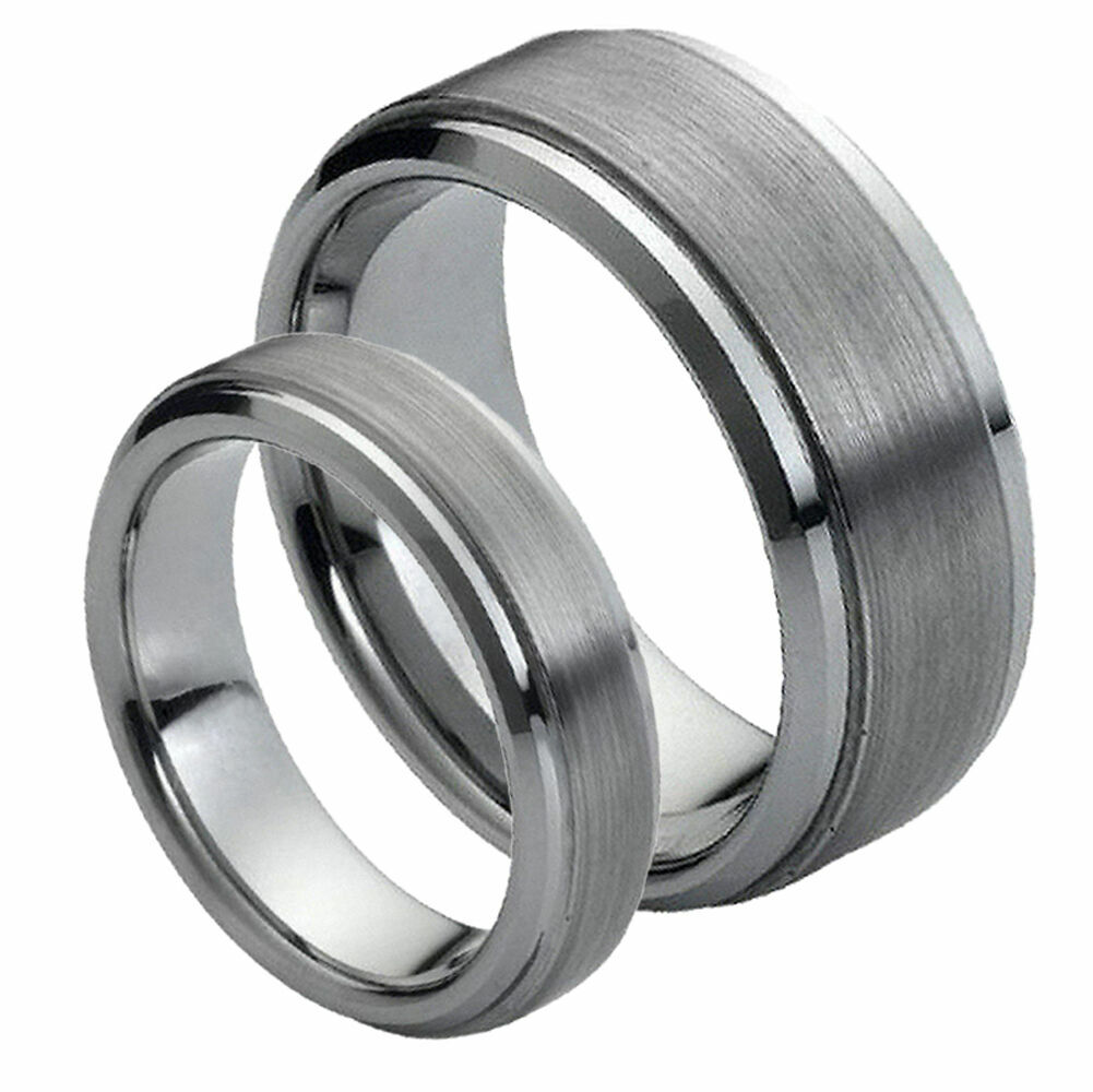 Free Engraving – Tungsten Carbide Step Edge Brushed Wedding Band Ring Set