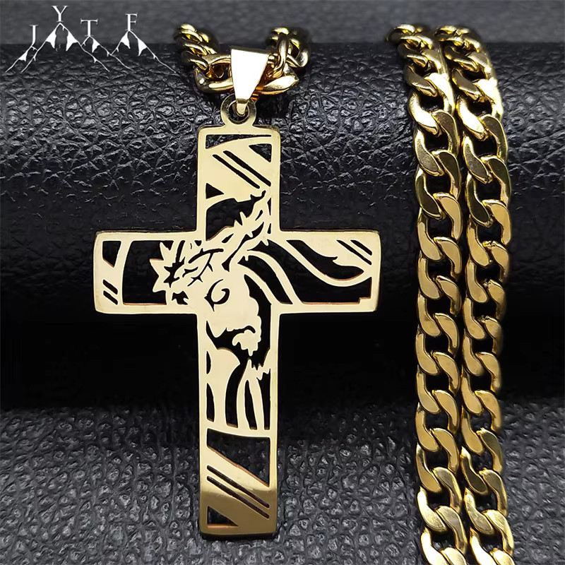 Men Stainless Steel Cross & Jesus Pendant Gold or Silver Chain Necklace 102I