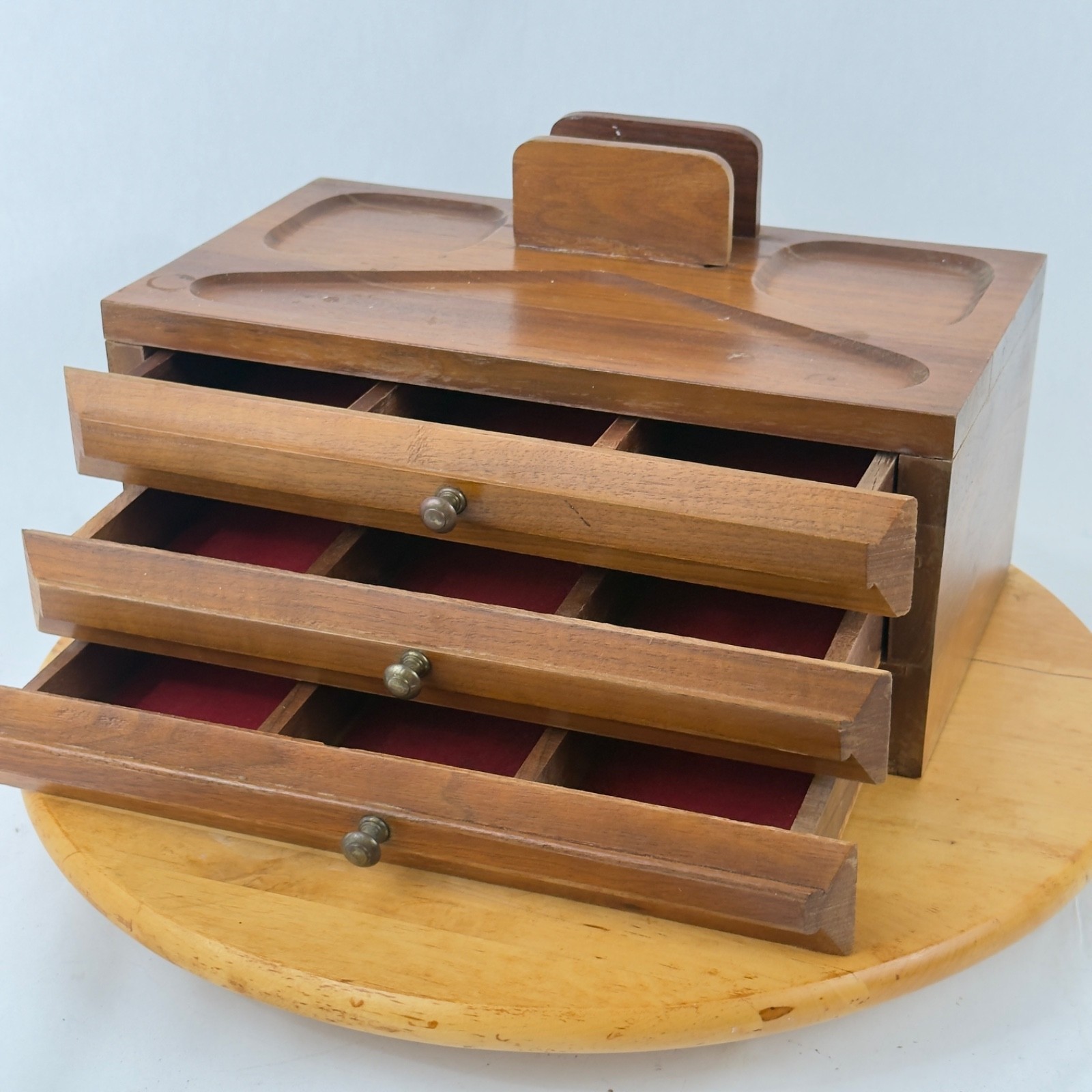 Mid Century Walnut Wood Desk Organizer Jewelry Desk Valet Box w Drawers Catchall