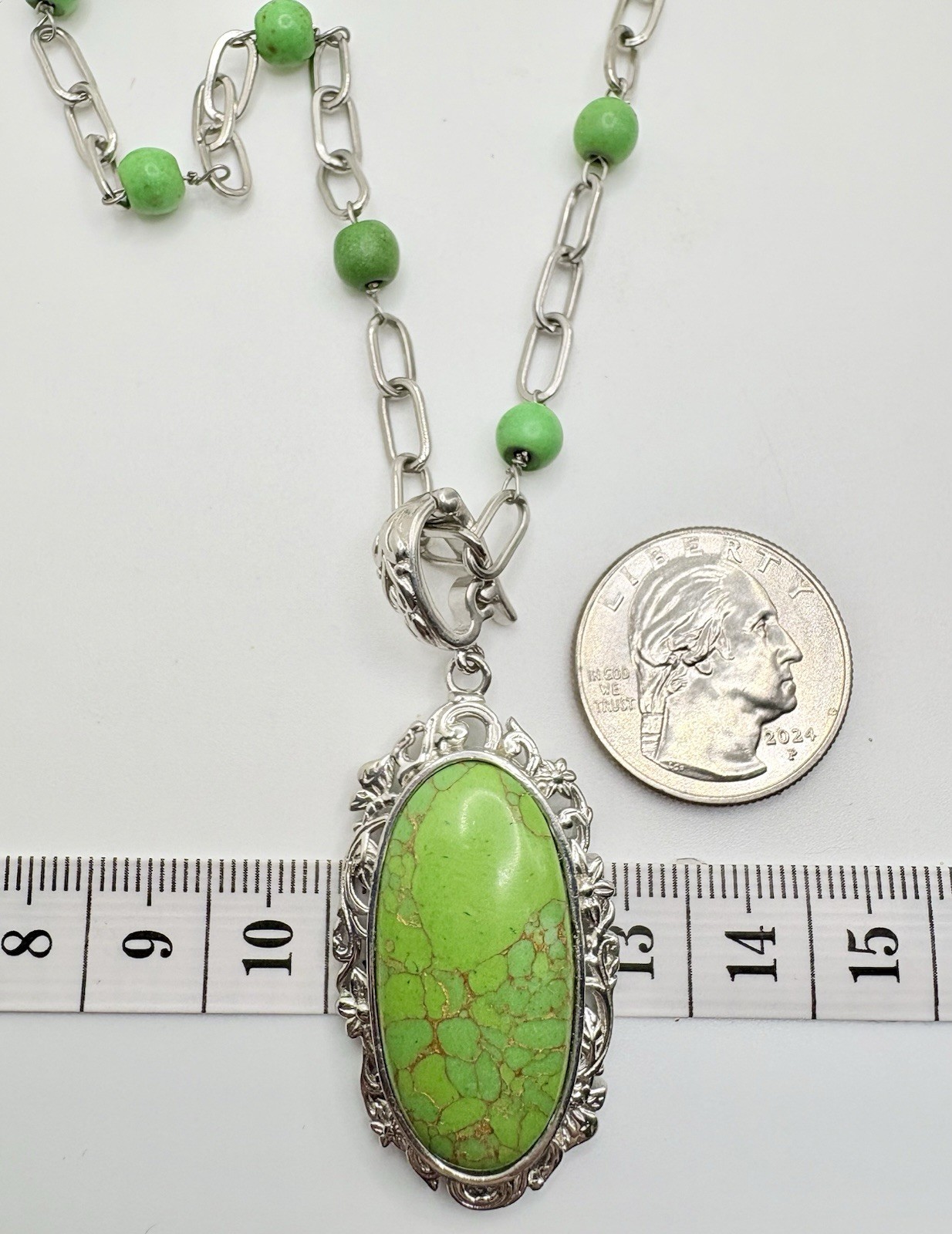 Mojave Green Turquoise Pendant Necklace Bead Station Paperclip Chain 18-20 in