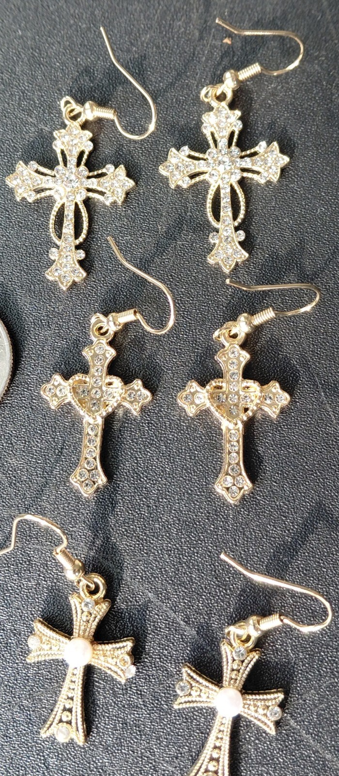 3 Pairs Of Cross Earrings Gold Tone New Rhinestones Free Shipping Heavier Made