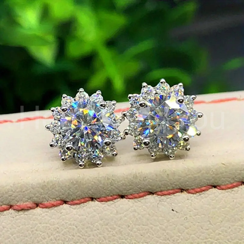 3ct Round Cut Moissanite Floral Halo Stud Earrings 14K White Gold Plated