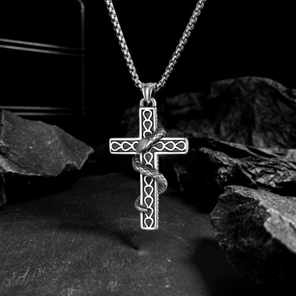 Pendant Necklace Stainless Steel Cross Antique Silver 23.62 in Men Snake N83