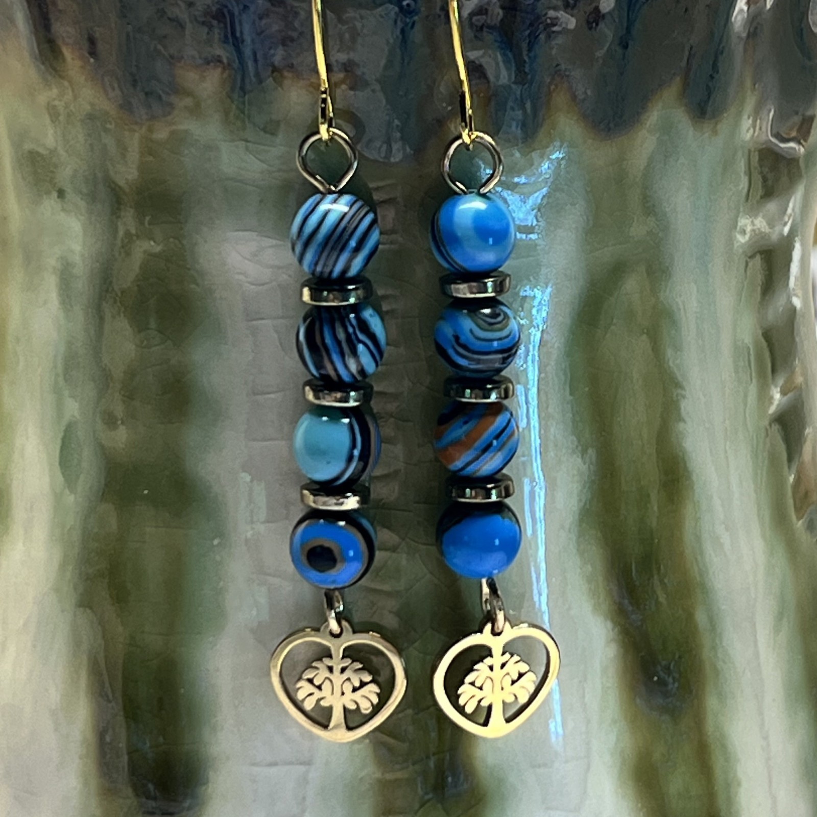Gold Tone Black Blue and Orange Round Glass Beaded Stacked Dangle Earrings. S239
