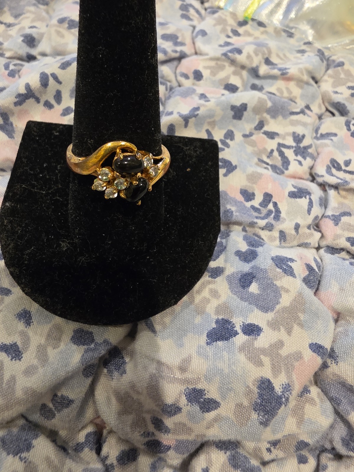 Vintage Signed Seta Gold Tone Black Glass Cabochon CZ Cubic Zirconia Ring SZ 10