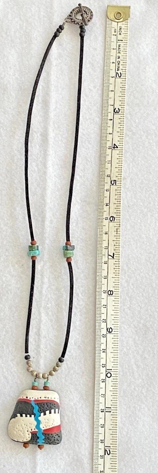 Pueblo Painted Clay Signed Pendant, Southwest Turquoise & Coral Chips on cord