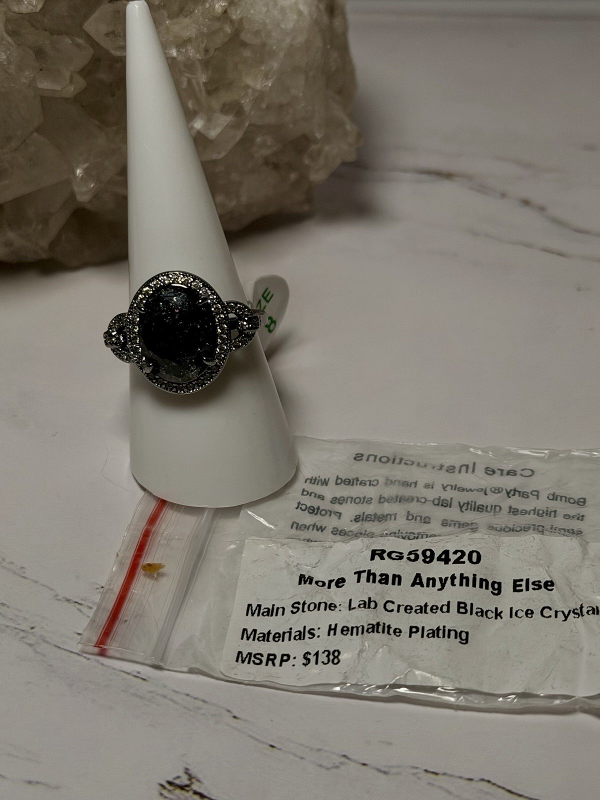 Bomb Party RG59420 “More Than Anything Else” Ring Sz 8 Black IceCrystal Hematite