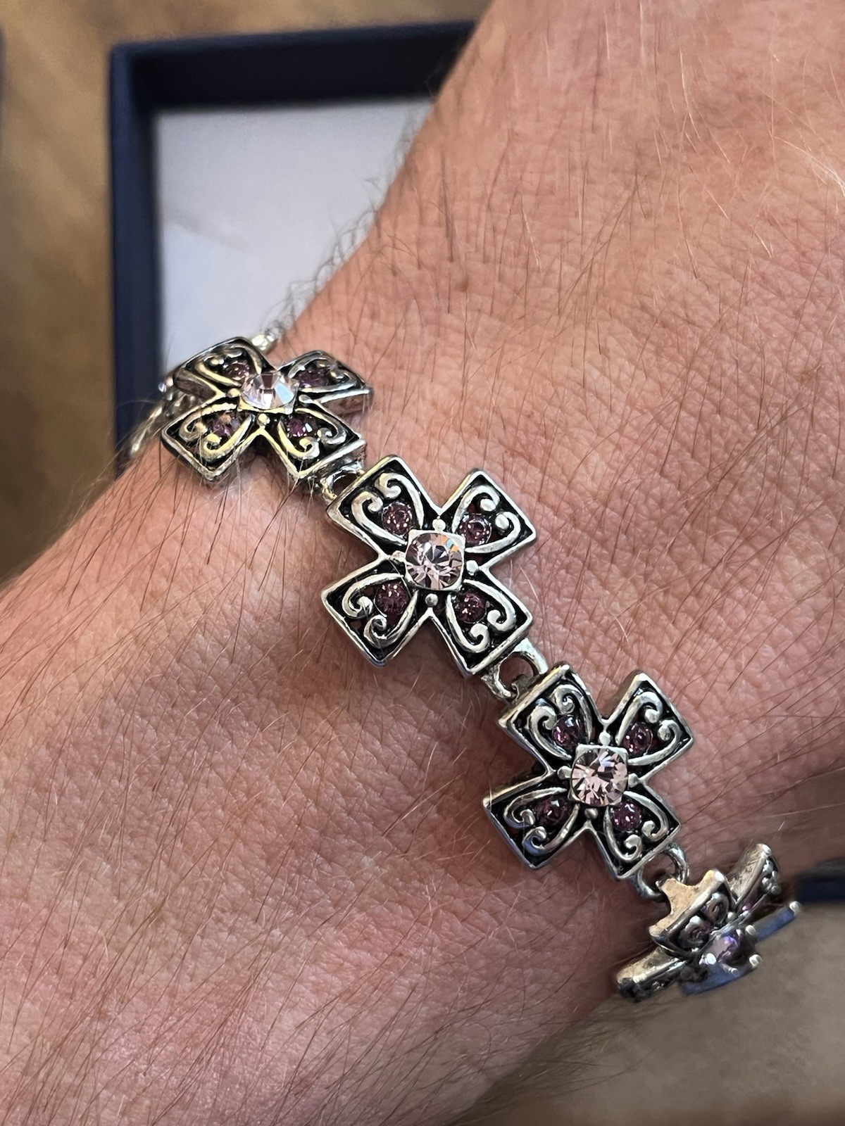 Vintage Gothic Stainless Steel Cross Link Bracelet Pink Rhinestone Crystal 7.5″