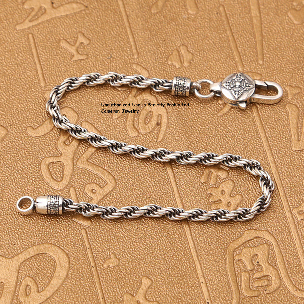 Solid S925 Sterling Silver Chain Unisex 3mm Rope Link Bracelet 6.7-8.3inch