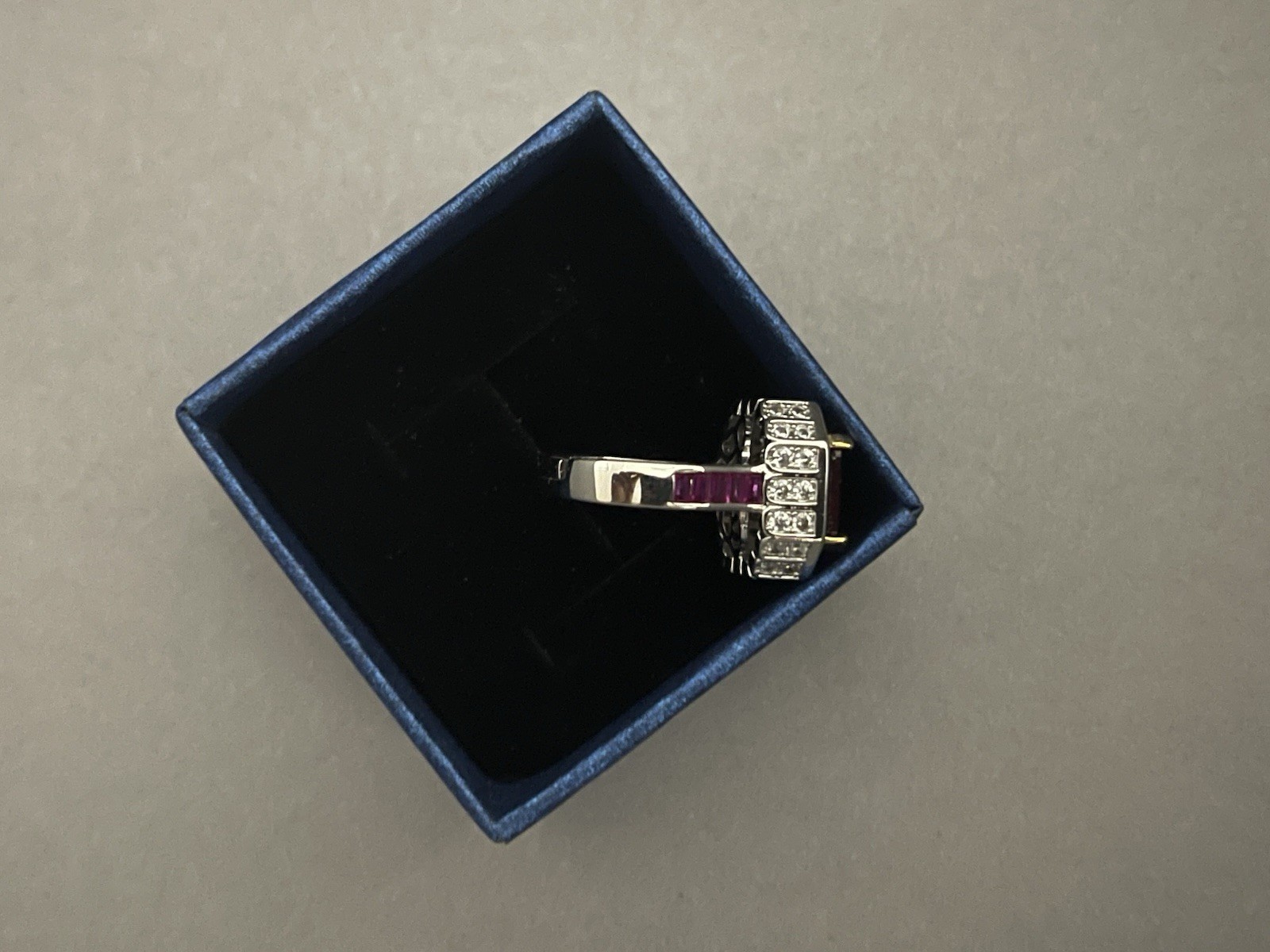 Gorgeous Simulated Princess Cut Ruby and Diamond Silver Ring Size 8