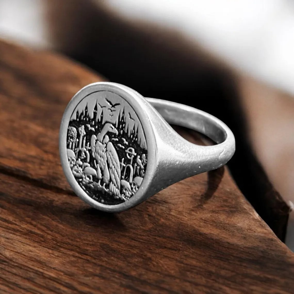 Vulture On Skull Signet Ring 925 Sterling Silver Gothic Symbol Handcrafted Ring