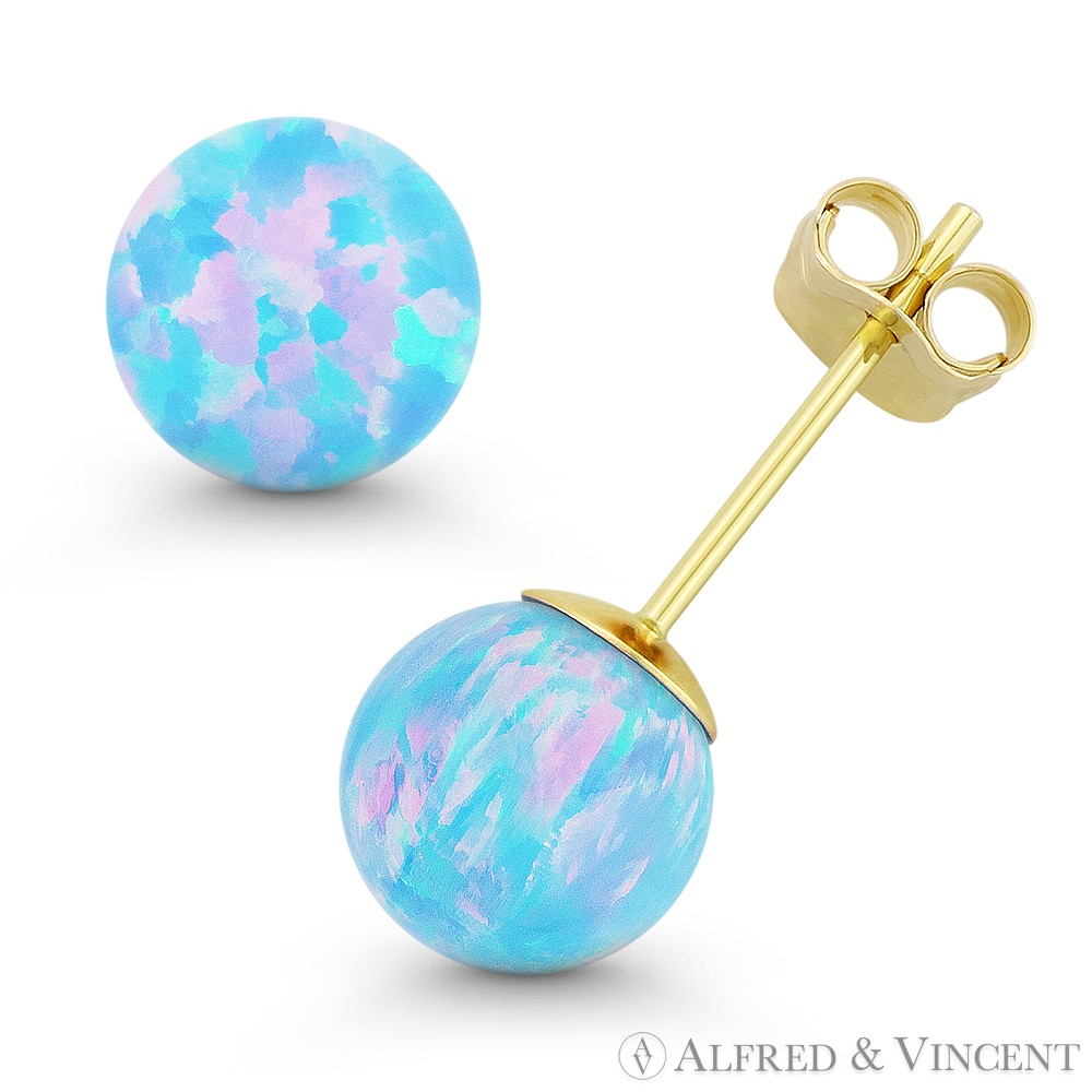 Fiery Azure Blue Synthetic Opal Ball Pushback Stud Earrings in 14k Yellow Gold