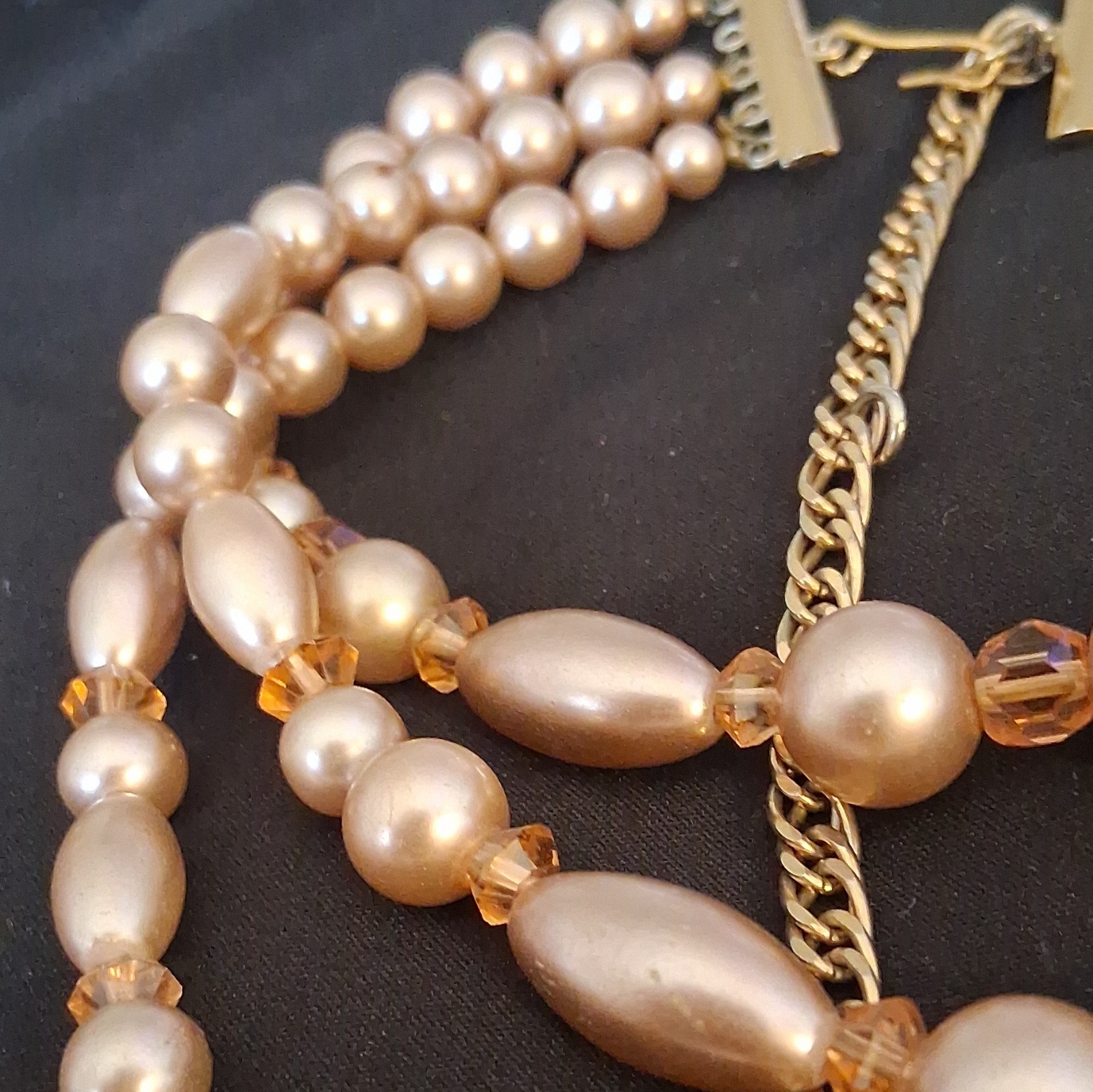 Multi-Strand Beaded Necklace Champagne Imitation Pearl Crystal Gold Curb Chain