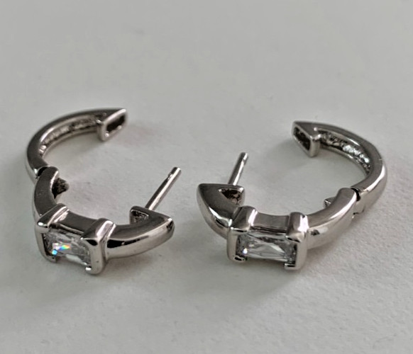 Clear Baguette Cut Cubic Zirconia Huggie Hoop Earrings in Solid Sterling Silver