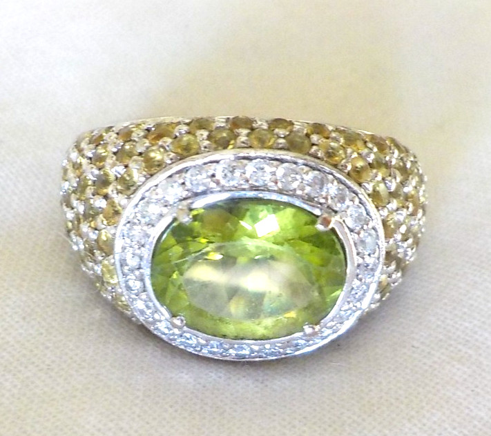 Heavy 18K White Gold Peridot Sapphire Diamond Ring – 12.6 gms, Sz 5.75, 4.90 ctw