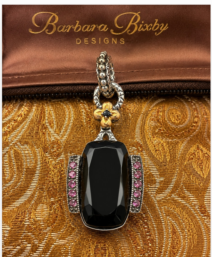 Barbara Bixby Black Onyx Cushion Cabochon Rhodolite Garnet Enhancer 925 18K NIB