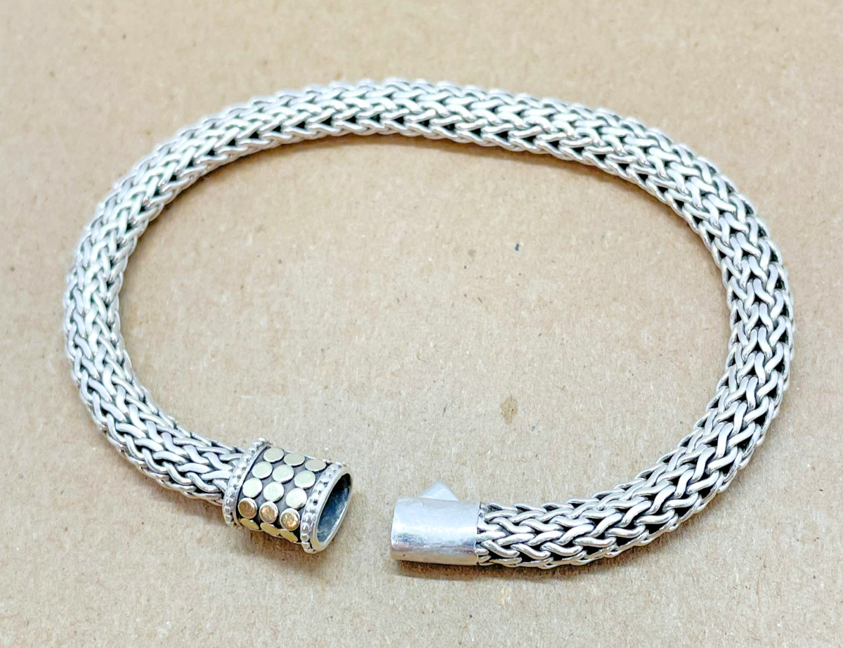 John Hardy Classic Wheat 5mm Silver Bracelet with 18K Gold Dot Clasp 7.75″