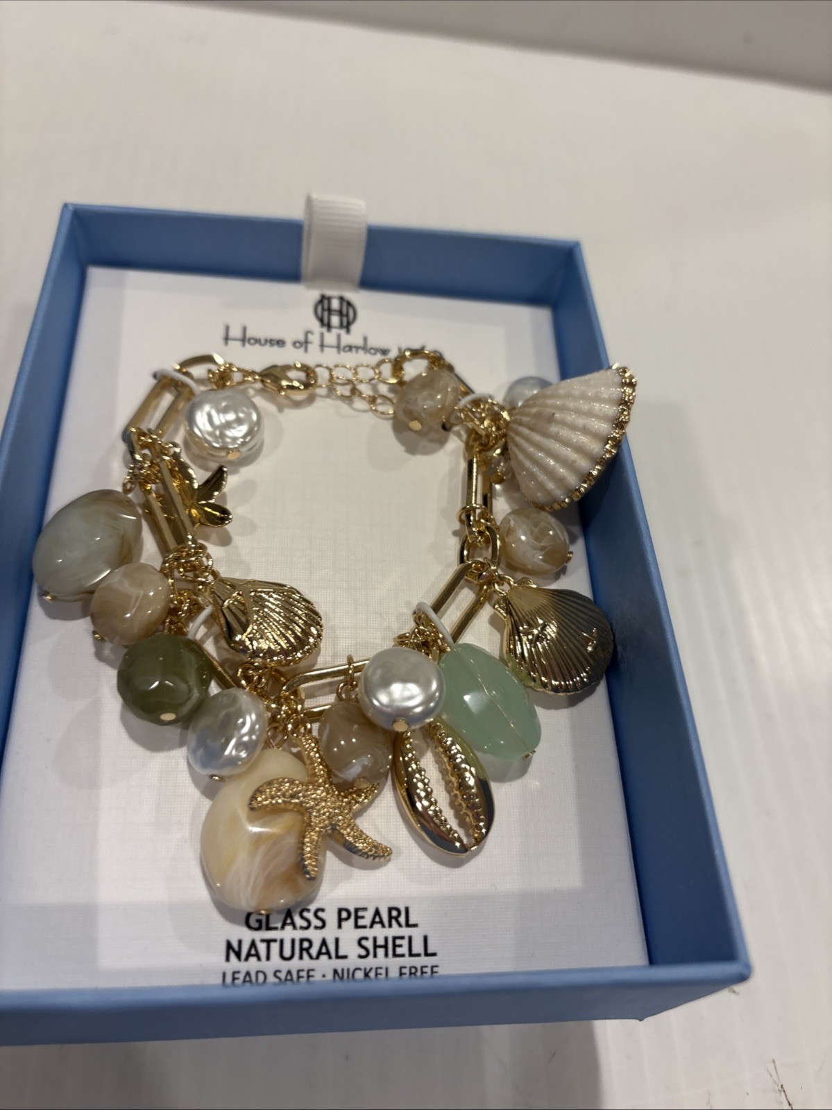 House of Harlow Glass Pearl and Natural Shell Beach Charm Bracelet NWT
