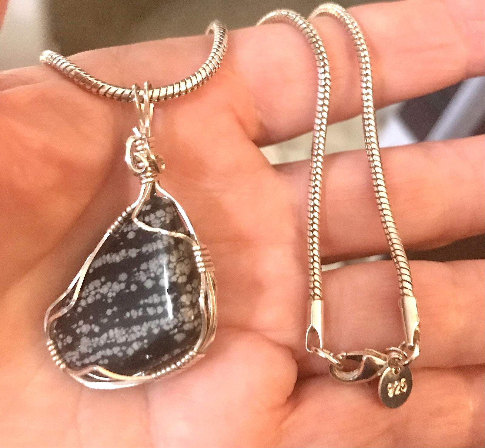 Obsidian Balance Grounding Pendant Necklace Sterling Snake Chain 18”