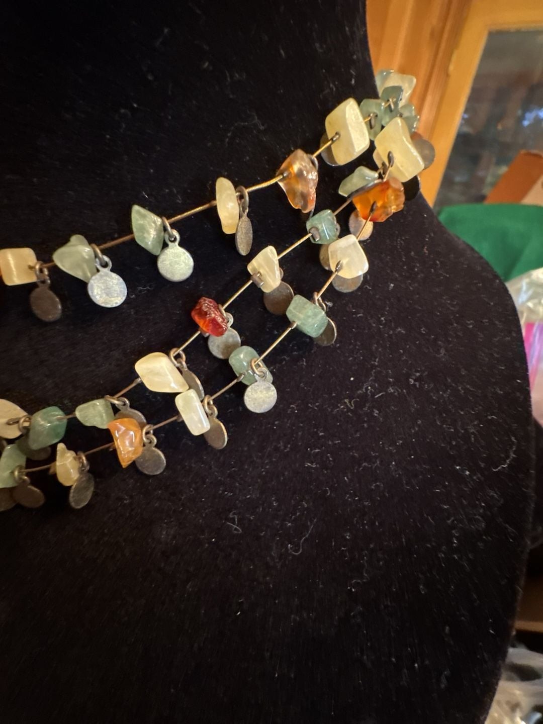 Multi-Strand Mixed Gemstone Chip and Metal Disc Necklace