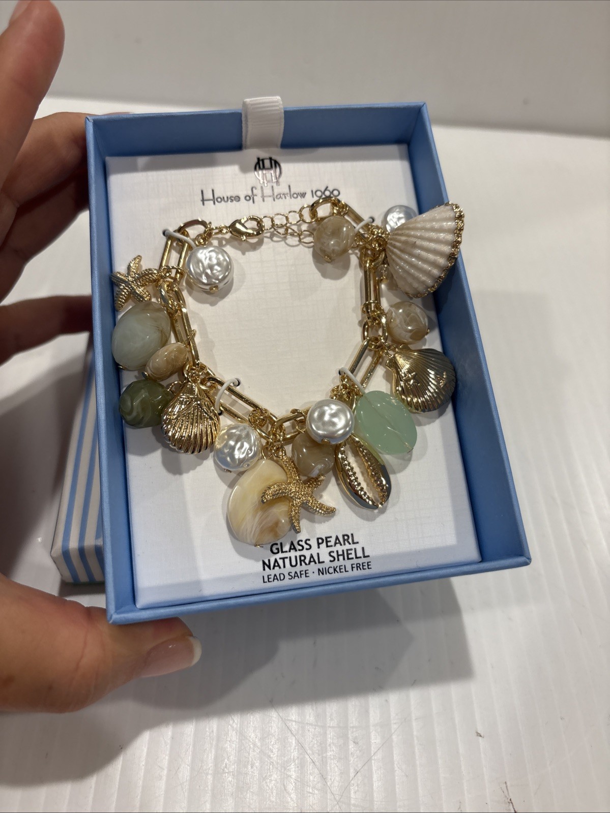 House of Harlow Glass Pearl and Natural Shell Beach Charm Bracelet NWT