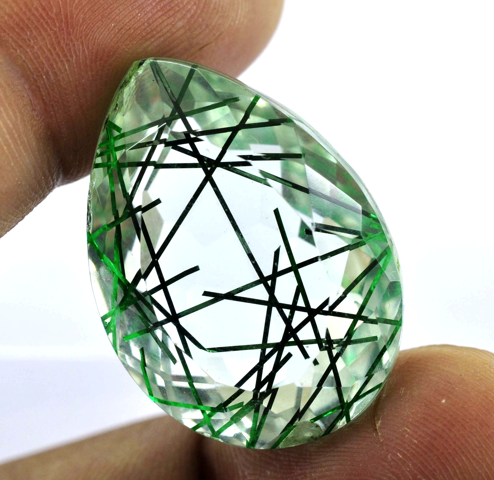 AAA Certified 48.85 Ct Natural Green Rutilated Quartz Pear Loose Gemstone