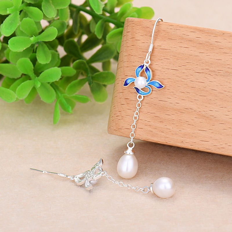 Cloisonne Orchid Earrings Faux Pearl Inlay Vintage Chinese Style Dangle Jewelry