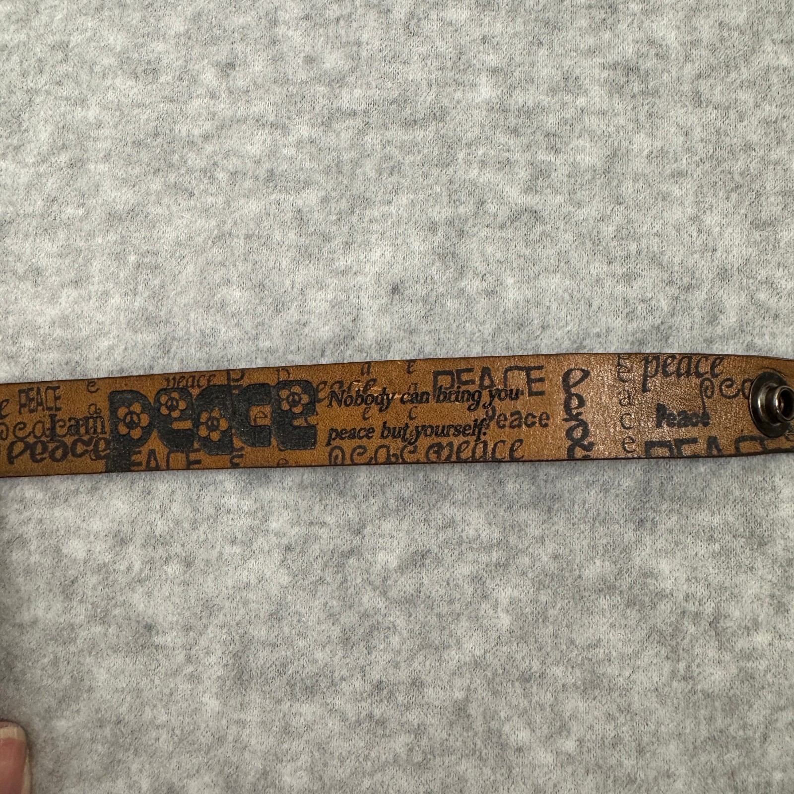 Tooled Leather PEACE Bracelet Sz 7.5 ” with Floral Designs Snap Closure