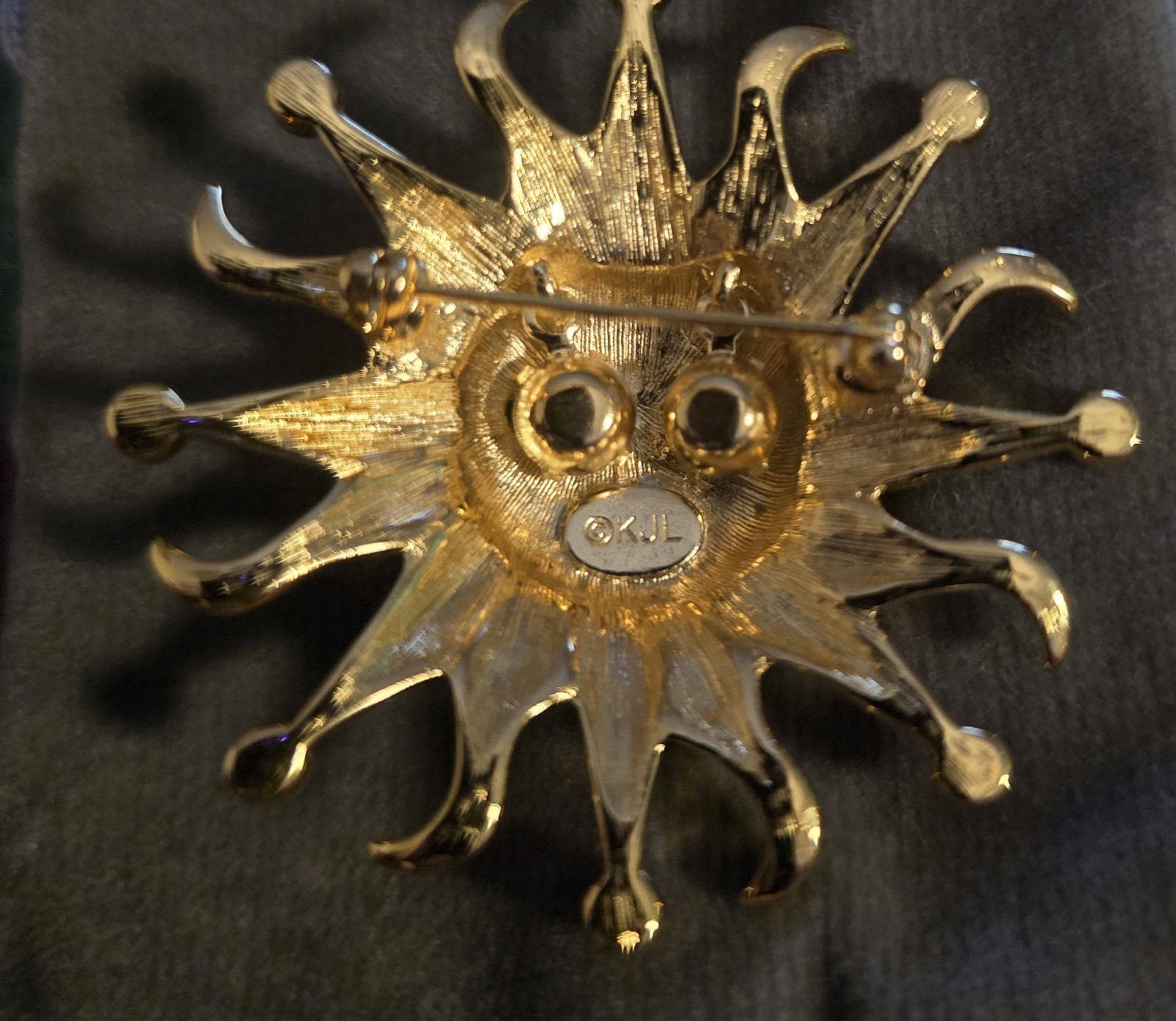 Signed Vintage KJL Gold Tone Sun Face Celestial Brooch Pin White Rhinestones