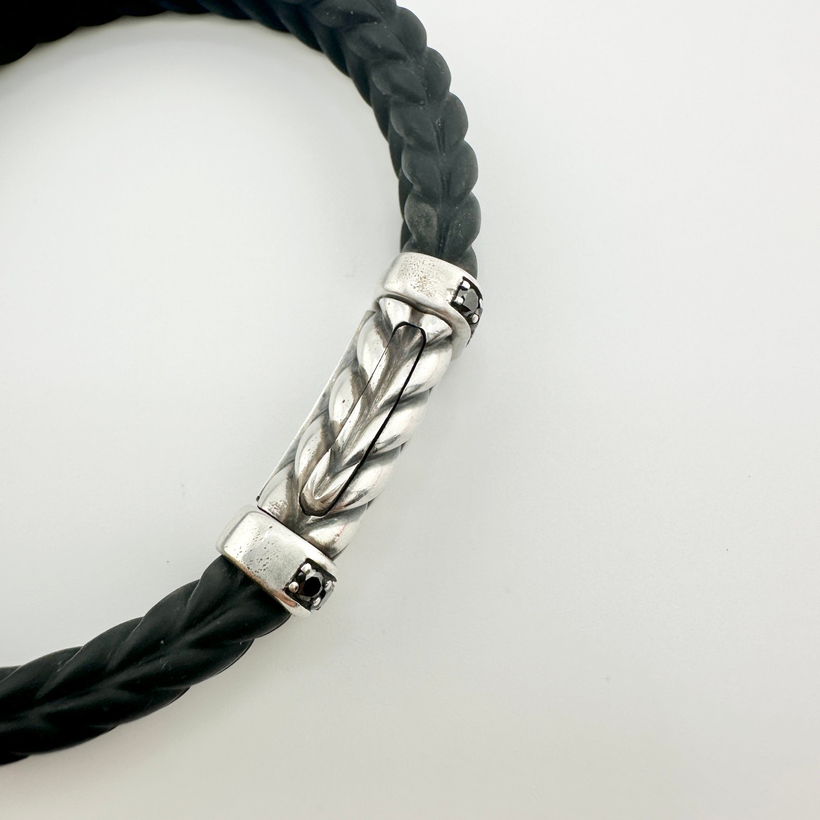 David Yurman Chevron Bracelet in Black Rubber w/ Pavé Black Diamonds – Large