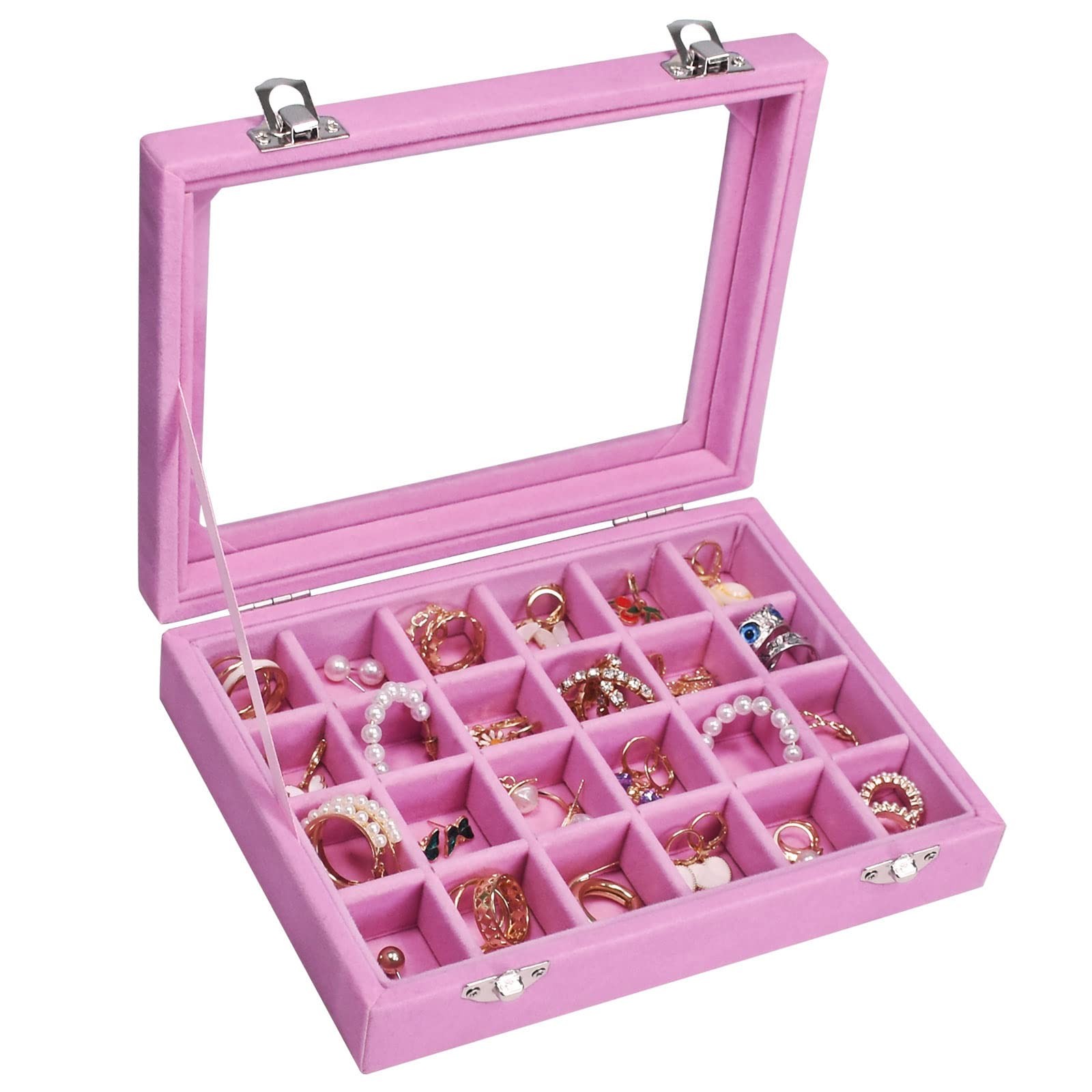 Velvet Jewelry Box 24 Grid Ring Display 24 Grid, Pink