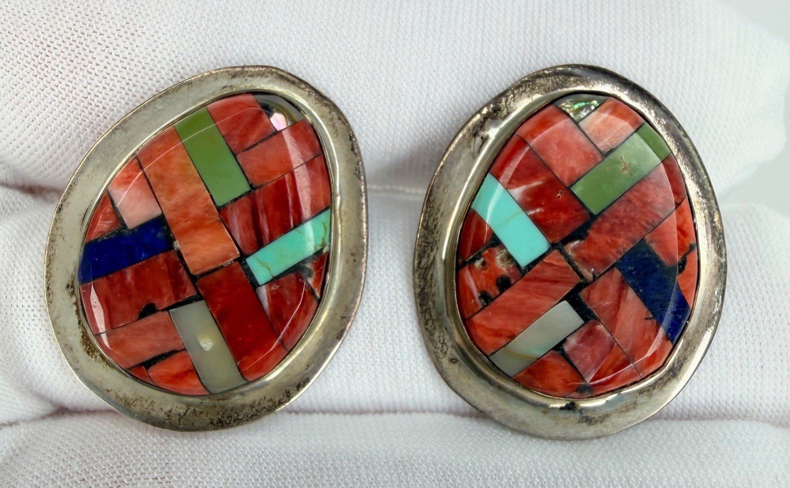 Zuni JLR Joe Lovato Rean Turquoise Earrings Silver inlay MOP Red Coral Lapis