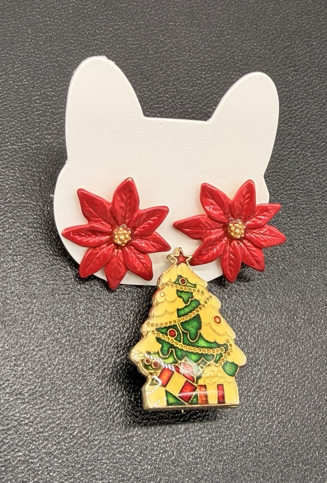 Red Poinsettia Flower Earring Set + Christmas Tree Enamel Lapel Pin/Brooch