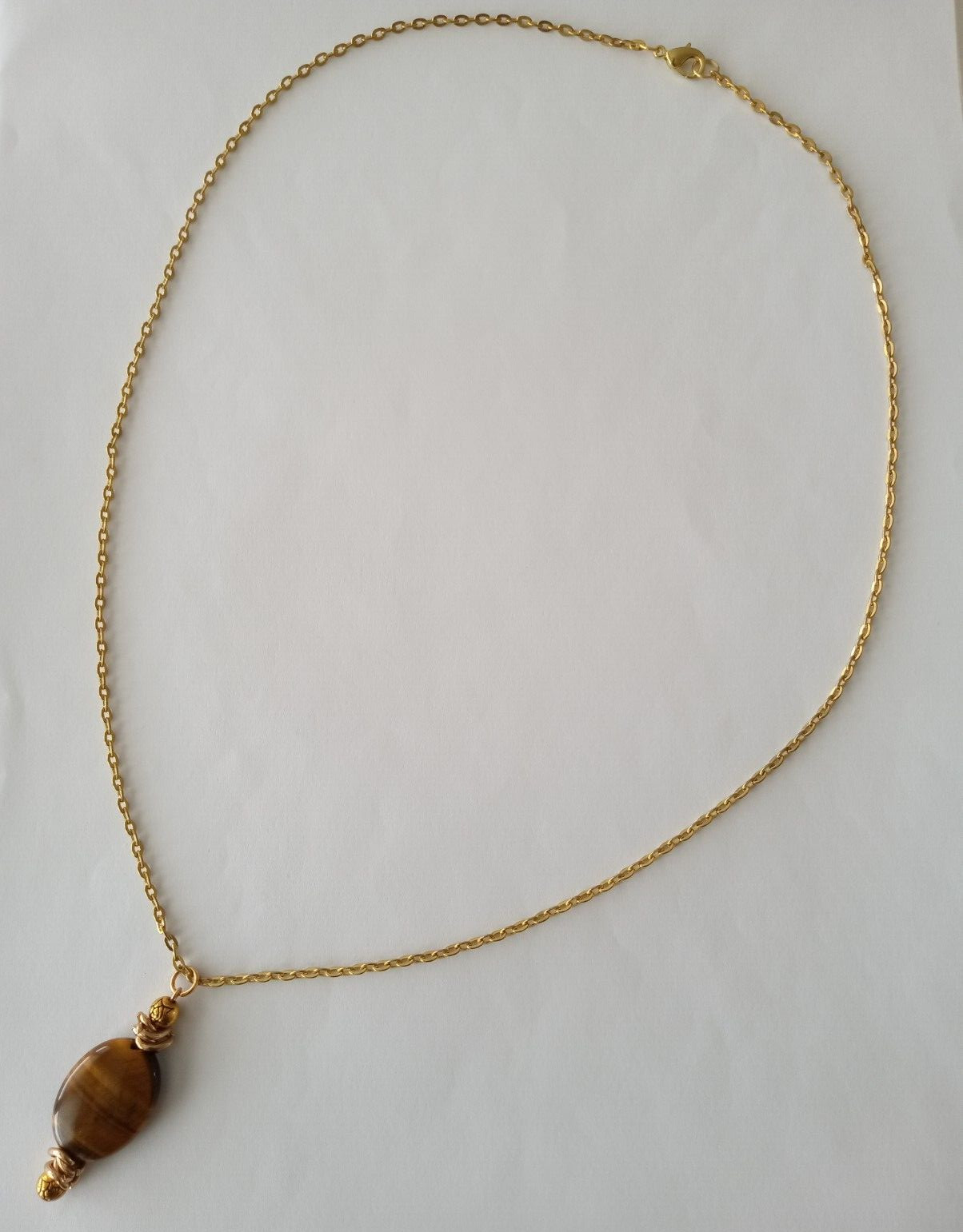 Handmade USA 24-inch Gold Color Chain Necklace Tiger Eye Oval Gemstone Bead