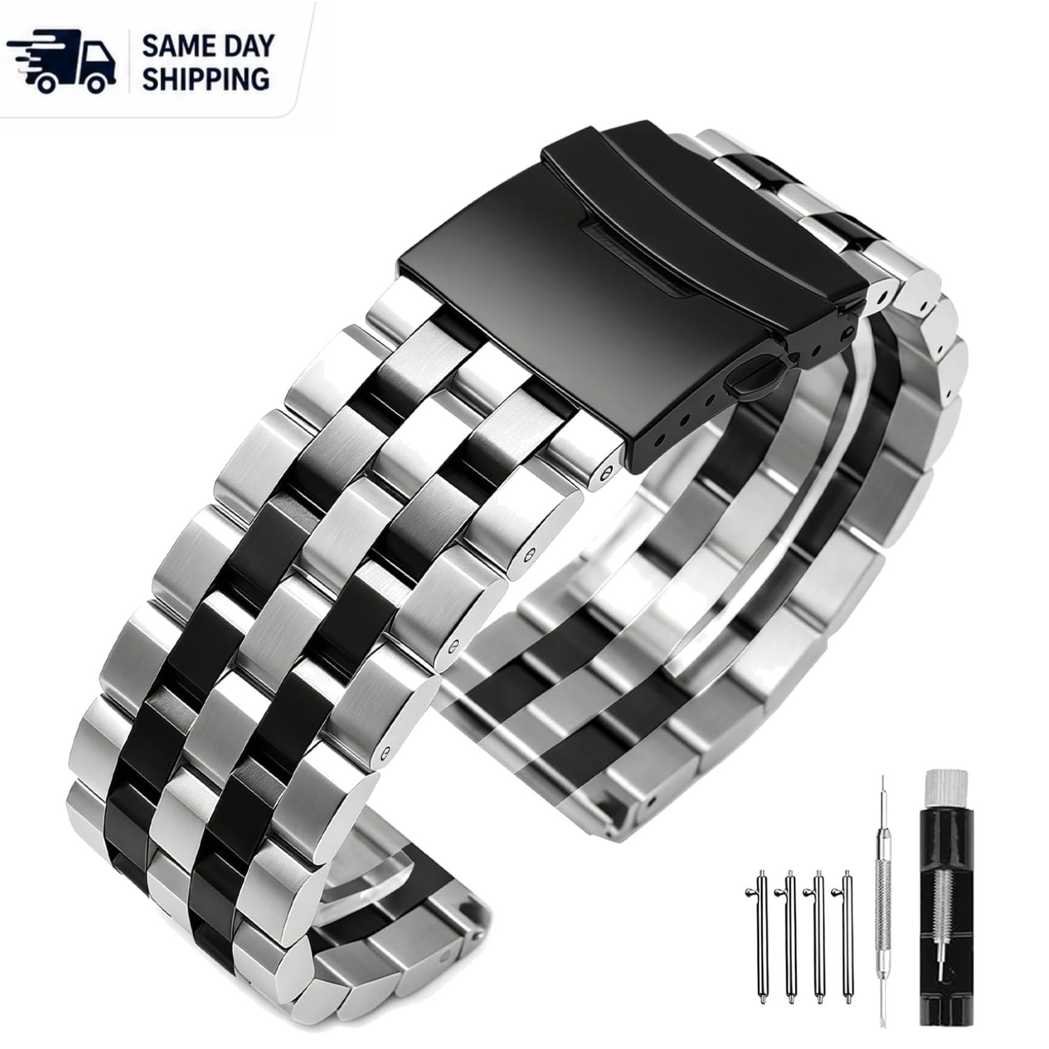Elegant Deployment Buckle Watch Band in Stainless Steel – Sizes 18mm to 26mm